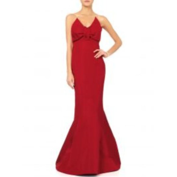 NWT $8K ZAC POSEN GRENADINE MERMAID STRAPLESS SILK BOW PLEATED GOWN SIZE 6 - Picture 3 of 7